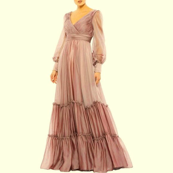 Mac Duggal Mocha Mauve Long Sleeve Satin & Chiffon Tiered Gown - Picture 1 of 3
